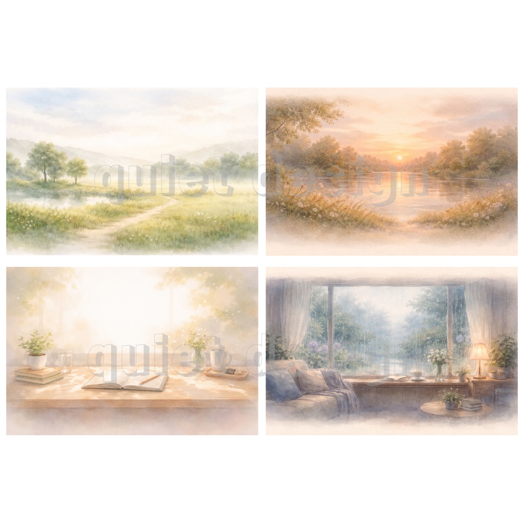 静かな時間を描いた 水彩風背景素材 5枚セット