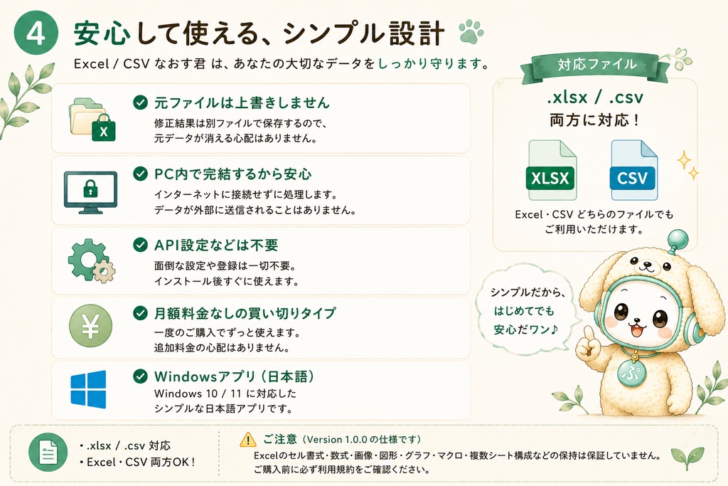Excel / CSV なおす君|空白・改行・重複・電話番号・郵便番号・日付をまとめて整理【Windows】