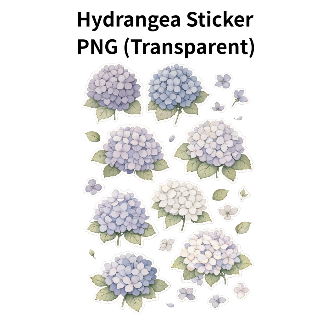 【素材】紫陽花 シール（背景透過PNG）｜くすみ系ブルーグレー