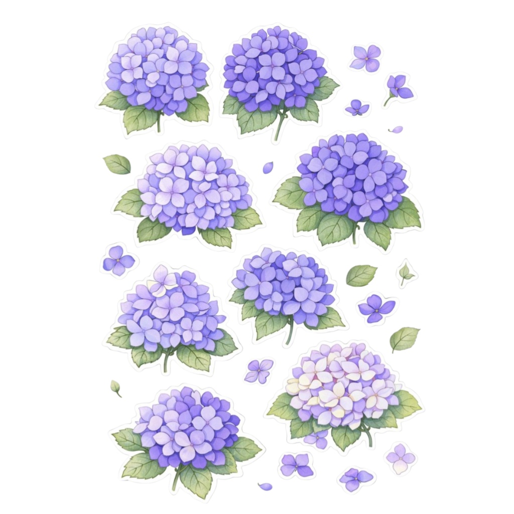 【素材】紫陽花 シール(背景透過PNG)|クールブルーセット(5色)