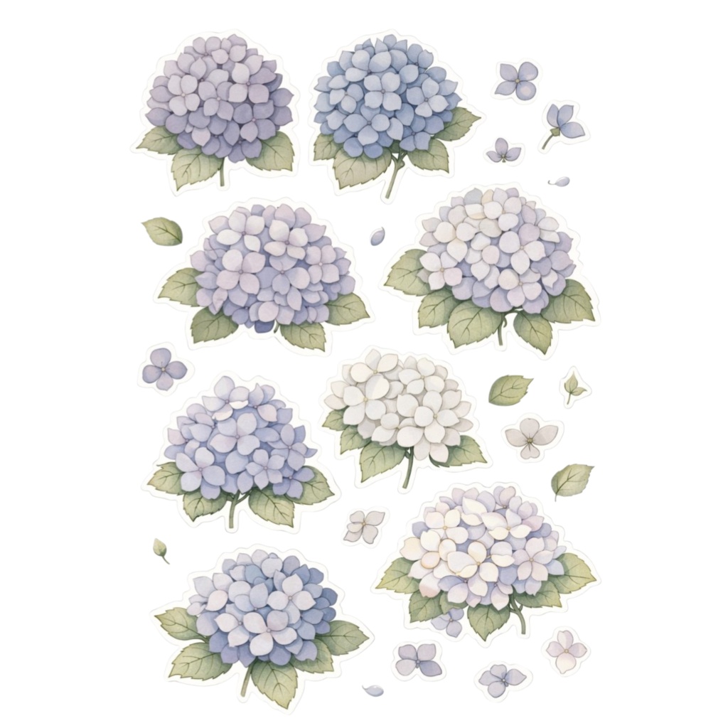 【素材】紫陽花 シール(背景透過PNG)|クールブルーセット(5色)