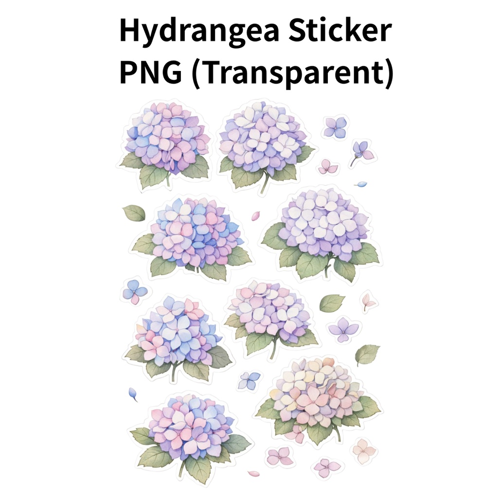 【素材】紫陽花 シール（背景透過PNG）｜パステルブルー×ライラック