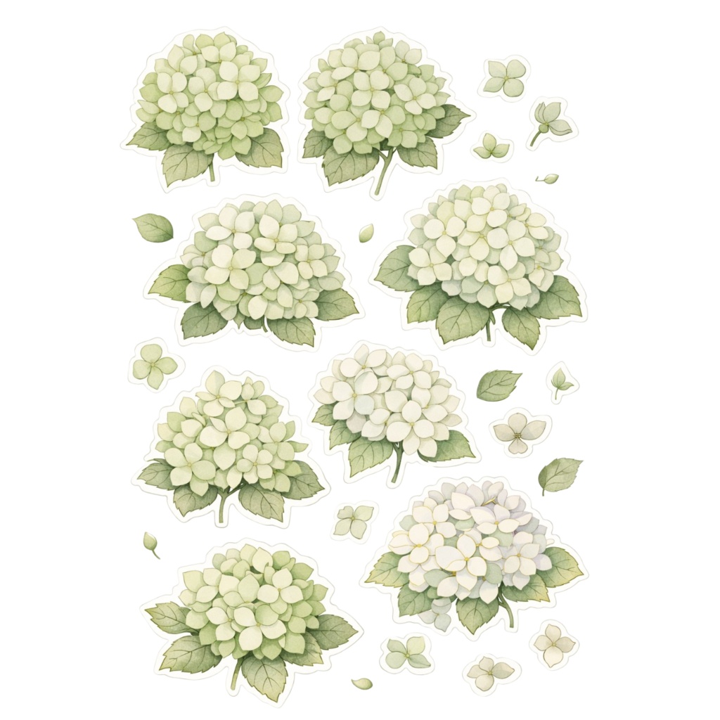 【素材】紫陽花 シール(背景透過PNG)|アイボリーグリーン
