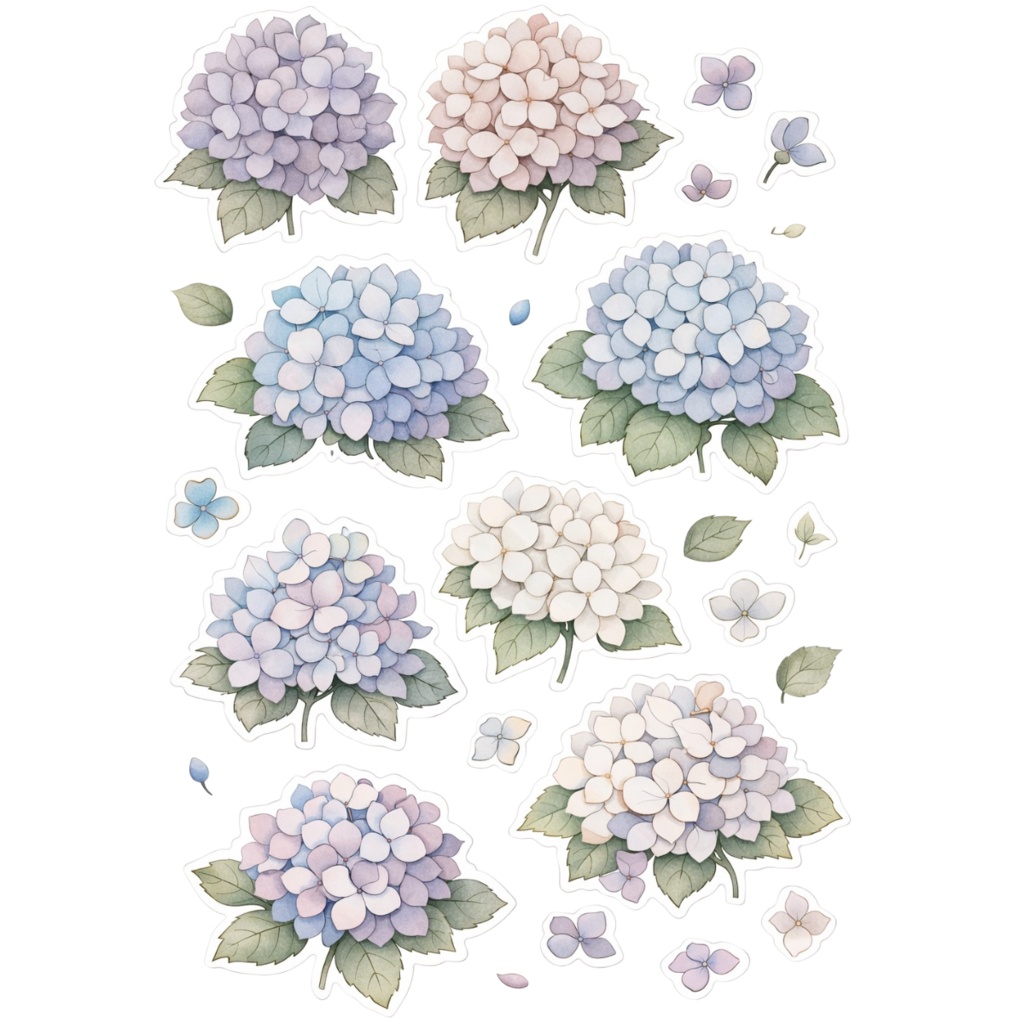 【素材】紫陽花 シール(背景透過PNG)|スプリングカラーセット(5色)
