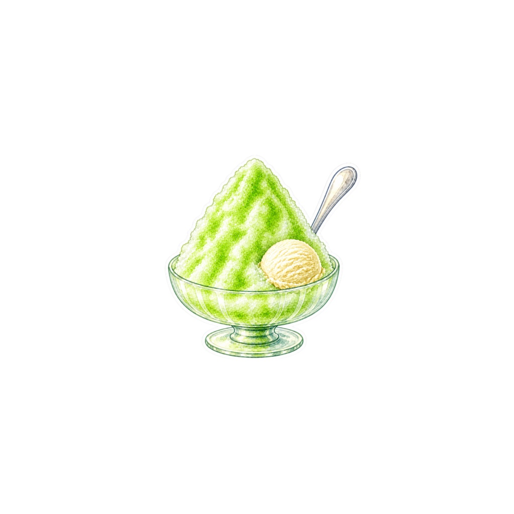 【素材】かき氷 シール(背景透過PNG)|メロン バニラアイス