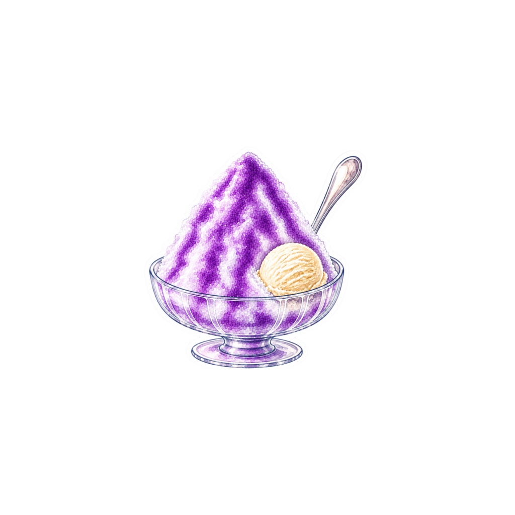 【素材】かき氷 シール(背景透過PNG)|グレープ バニラアイス