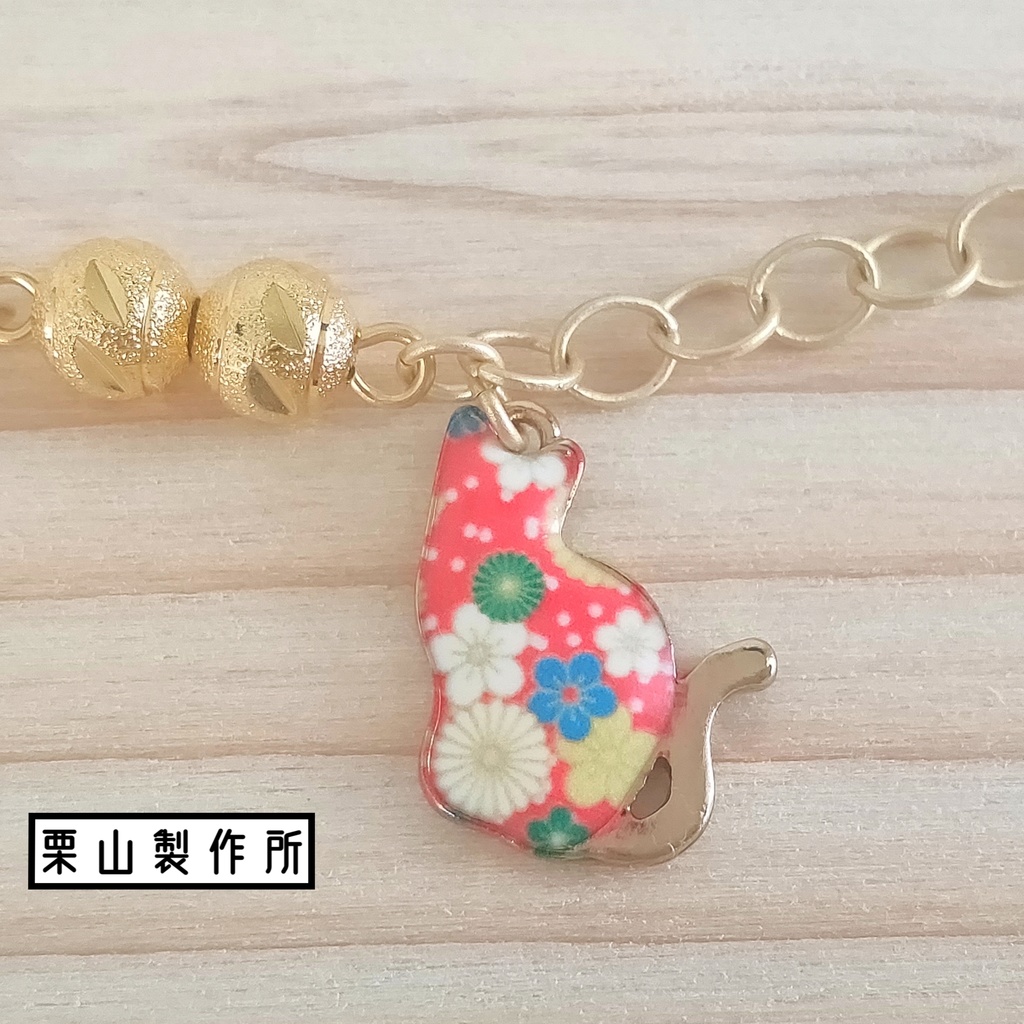 和柄シリーズ/BC85/マスクチェーン/猫/朱/マットゴールド/チャーム/和装に/ギフトに