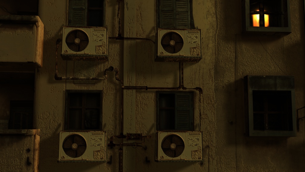 荒廃的 建物壁 室外機