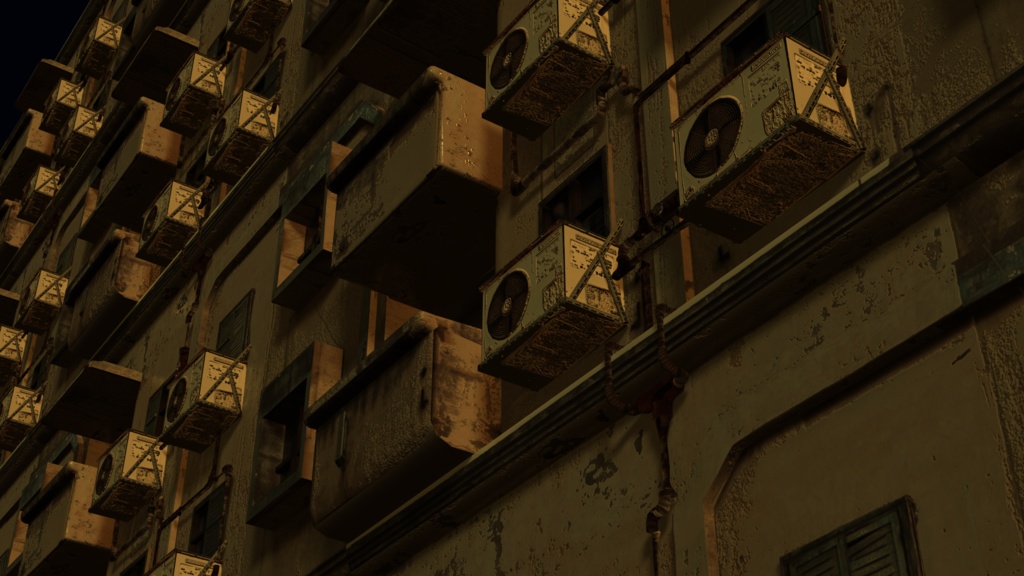 荒廃的 建物壁 室外機