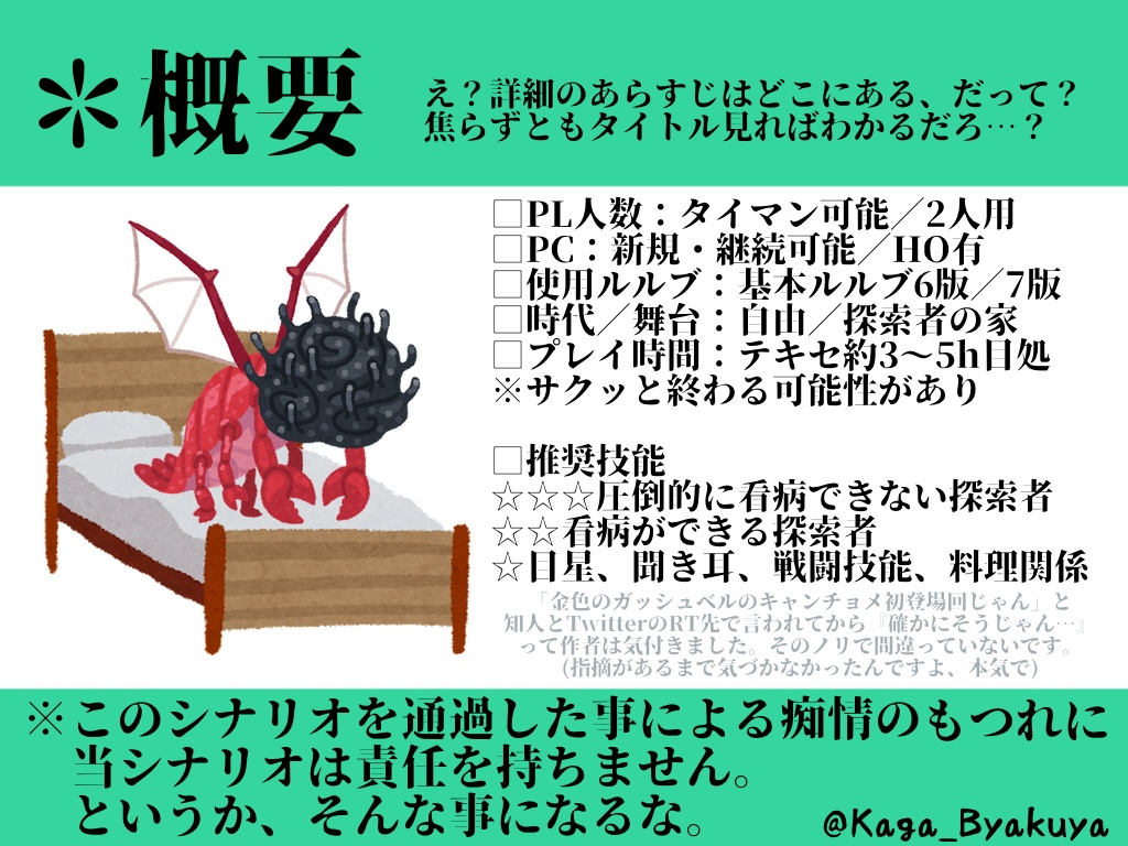 【CoC6/7版】看病されるPCと看病しにきたPC〜看病されるPCはその頃、天井に貼り付けられているし看病されているのはミ=ゴ〜