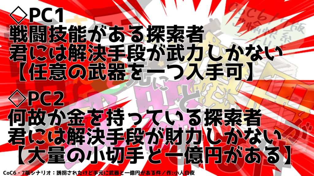 【CoC6/7版】誘拐されたけど手元に武器と一億円がある件