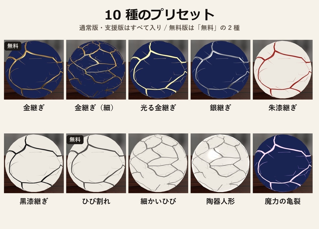 【lilToon】金継ぎ・ひび割れ 10種 ― 肌・服・小物を割れた陶器に【無料版あり】