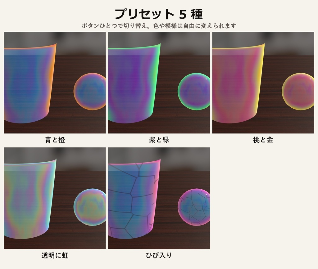 【VRChat・アバター用】ダイクロガラスシェーダー「ダイクロガラス」Dichroic Glass【見る角度で色が変わる/アクセに】