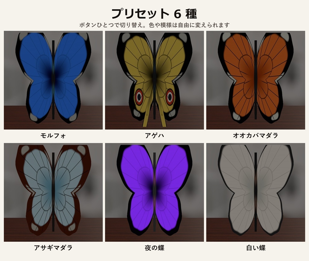 【VRChat・アバター用】蝶の翅シェーダー「蝶の翅」Butterfly Wing【板に貼るだけ・羽ばたく・構造色】
