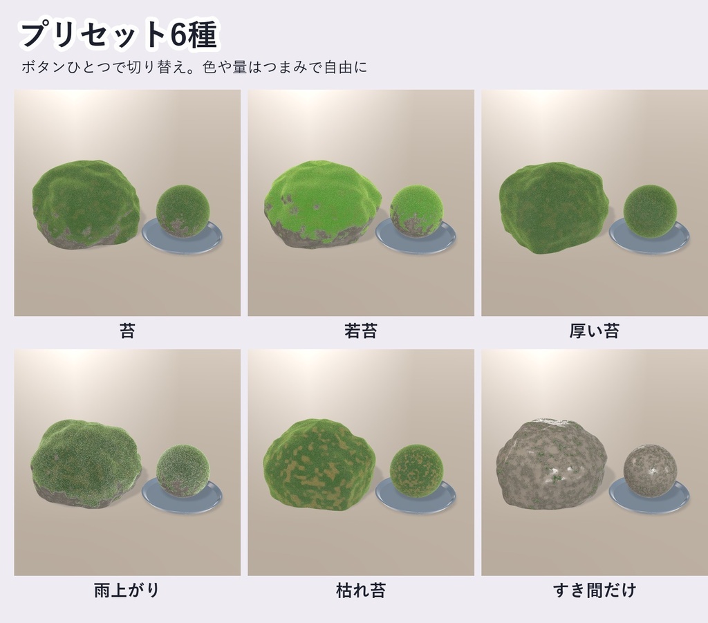 【VRChat・アバター用】苔シェーダー「苔」Moss【角・小物・岩・ワールドに/上の面に生える/日本語UI】