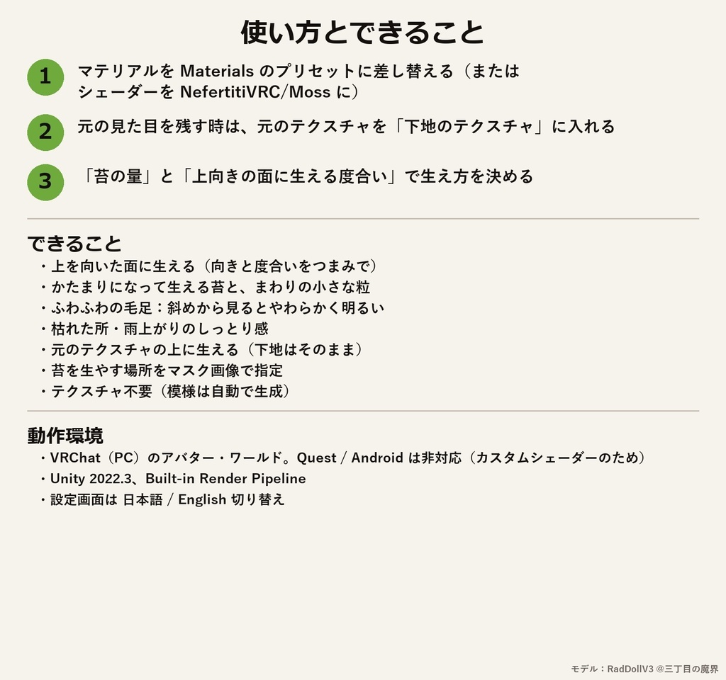 【VRChat・アバター用】苔シェーダー「苔」Moss【角・小物・岩・ワールドに/上の面に生える/日本語UI】