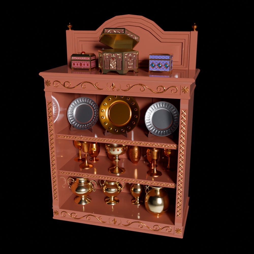 【商用可】中世・宝物庫の飾り棚セット（豪華な皿・杯・宝箱付き／蓋可動）【3D小物・背景】