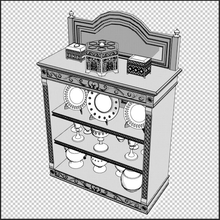 【商用可】中世・宝物庫の飾り棚セット(豪華な皿・杯・宝箱付き/蓋可動)【3D小物・背景】