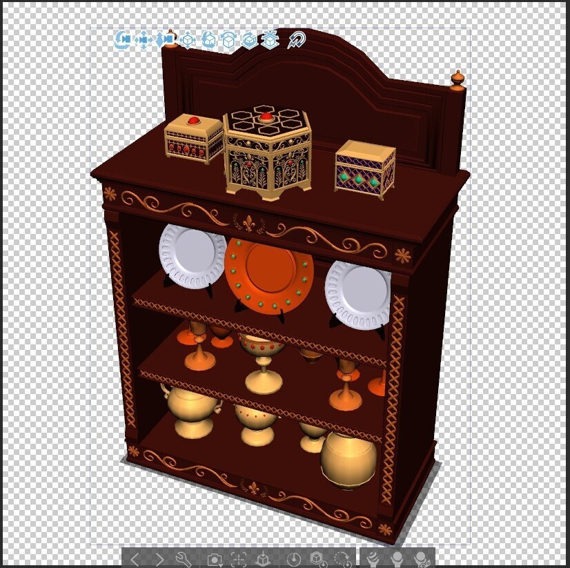 【商用可】中世・宝物庫の飾り棚セット(豪華な皿・杯・宝箱付き/蓋可動)【3D小物・背景】
