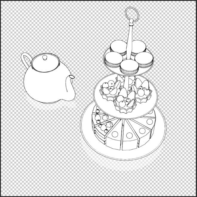 【商用可】シンプルなティーポットセット(ケーキスタンド・スイーツ付)【3D小物】