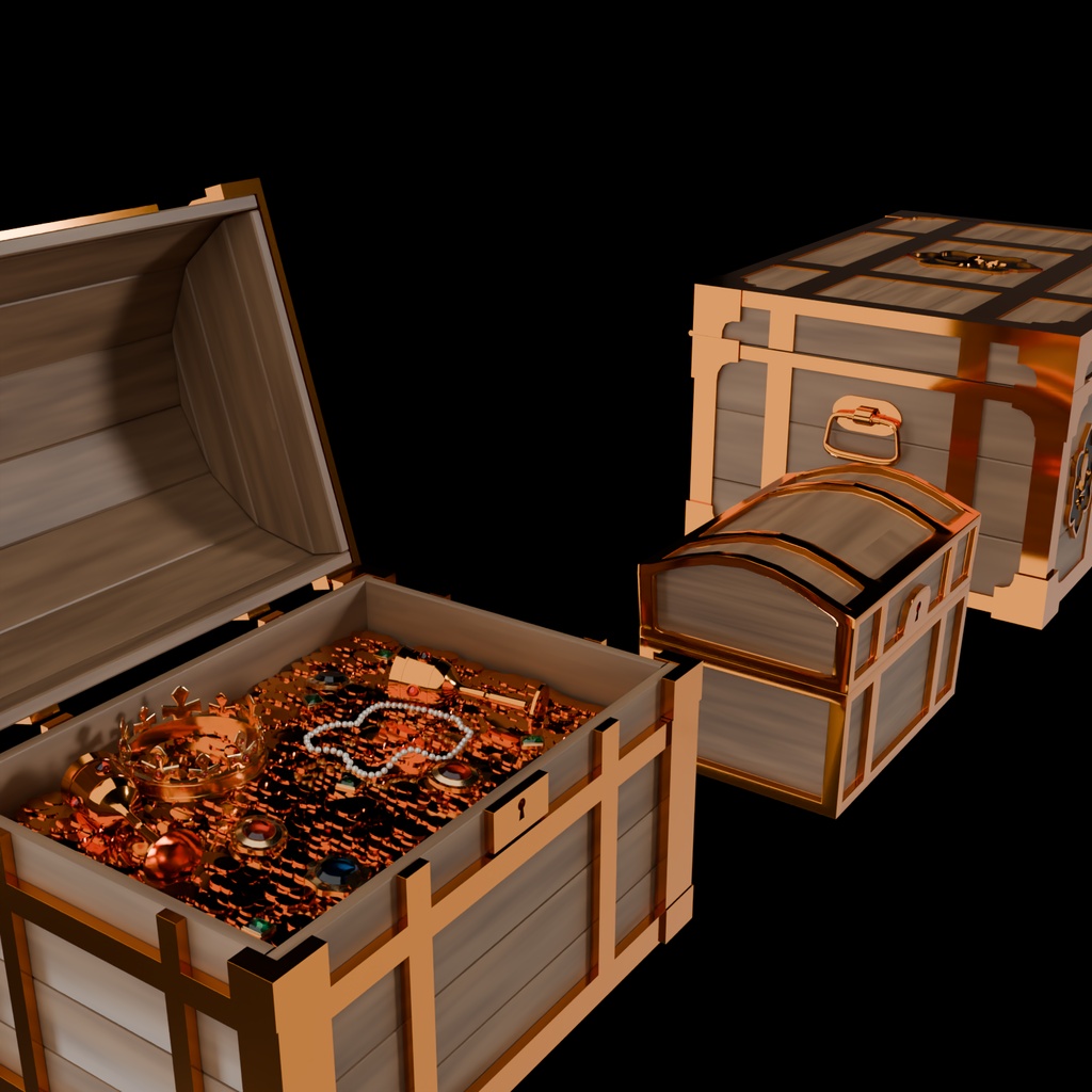 ファンタジー宝箱セット(開閉可動・金貨・金塊入り付)【3D小物・背景】