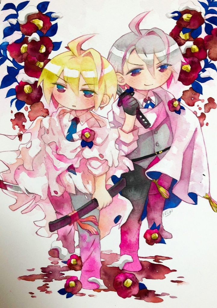 【水彩原画】雪に紅椿