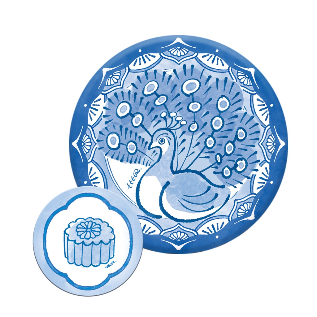 染付風缶バッジ2種セット(孔雀・月餅)