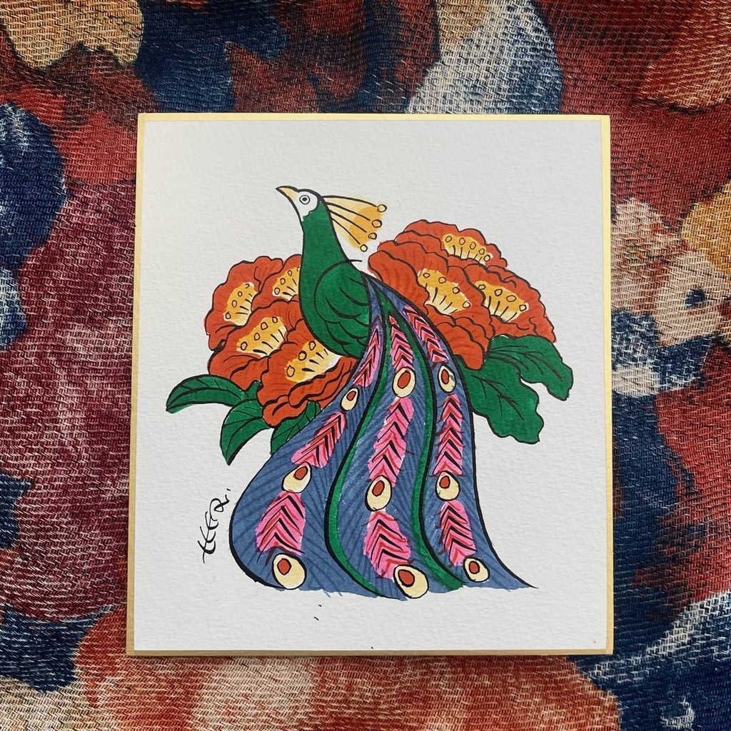 ミニ色紙 / 孔雀と花（原画）