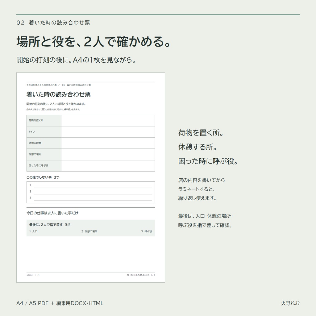 その日だけ入る人の受け入れ票|来る前の文例・着いた時の読み合わせ・持ち場の札・上がる時の返却の票 (A4/A5 PDF + 編集用 DOCX)