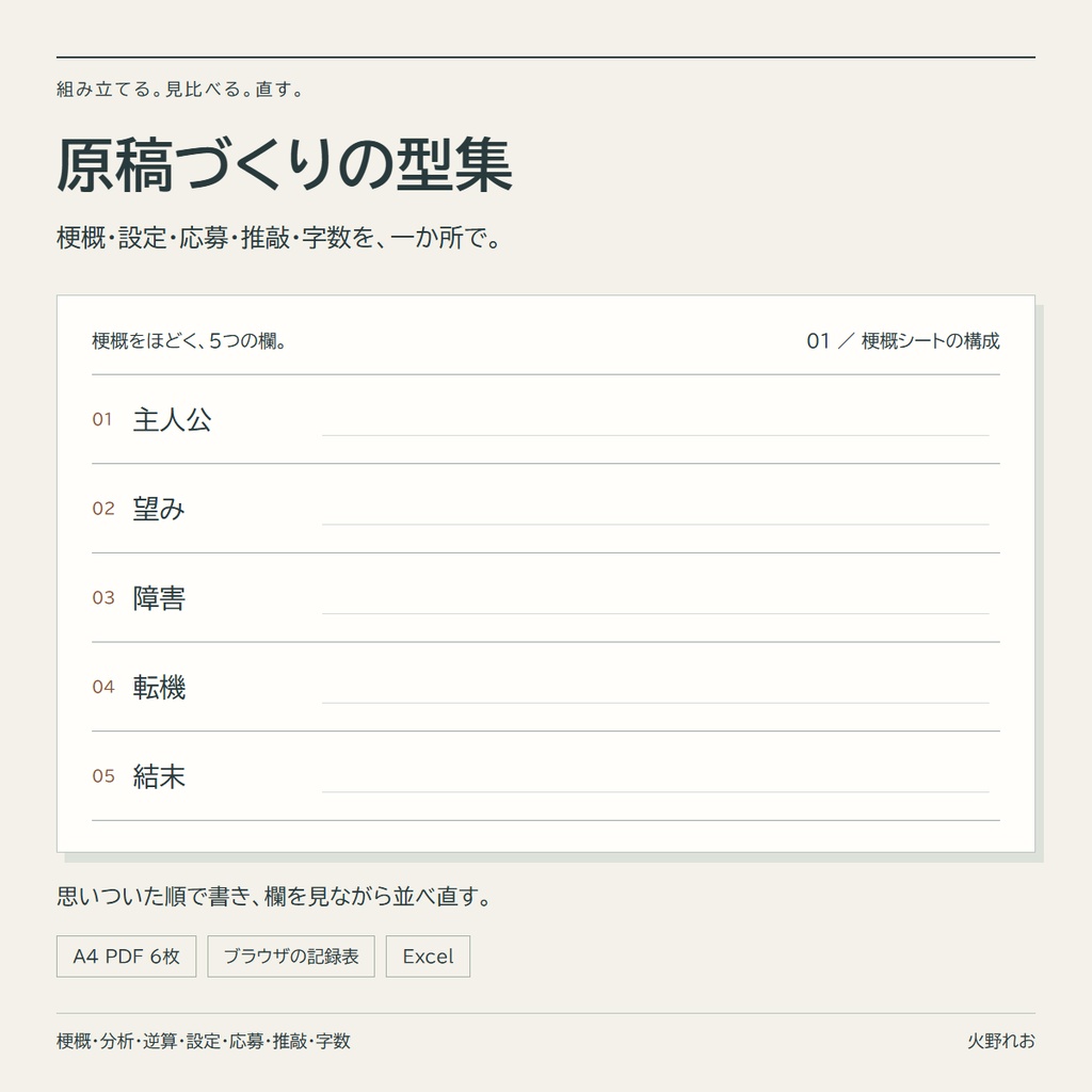 原稿づくりの型集｜梗概・分析・逆算・設定・応募・推敲の点検・字数の記録 (A4 PDF 6 枚 + ブラウザの記録表 + Excel)