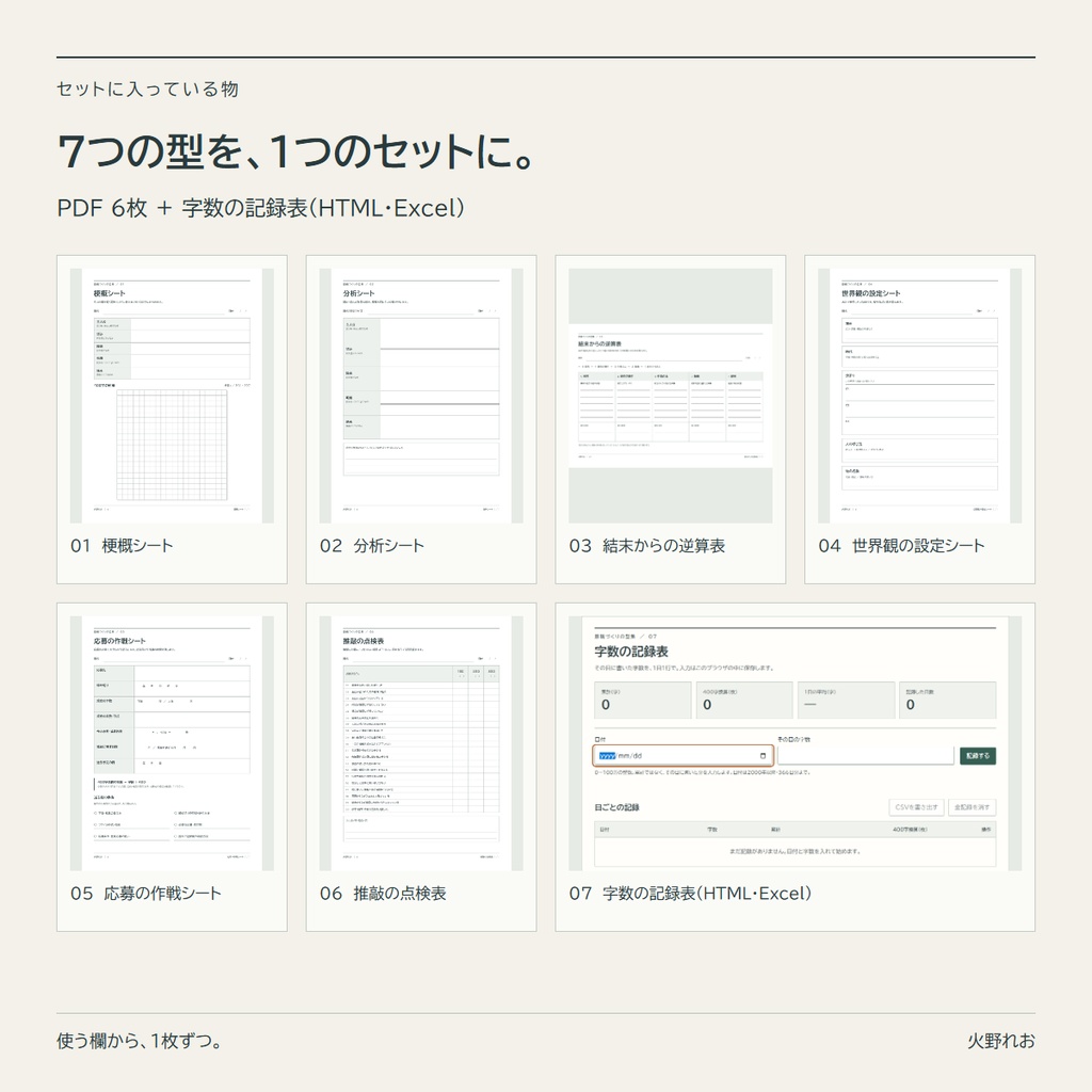 原稿づくりの型集|梗概・分析・逆算・設定・応募・推敲の点検・字数の記録 (A4 PDF 6 枚 + ブラウザの記録表 + Excel)