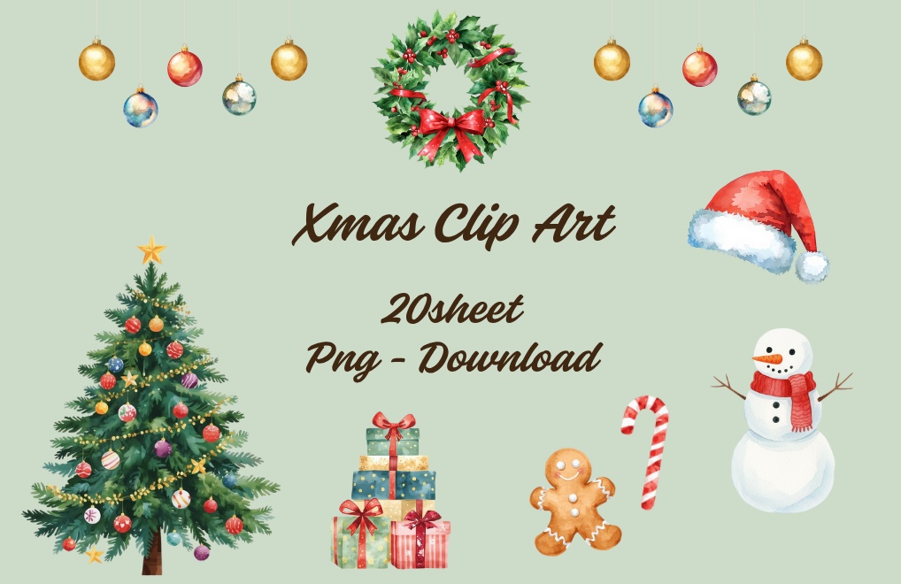 クリスマスモチーフ クリップアート20枚セット(AI生成 / 背景透過PNG)