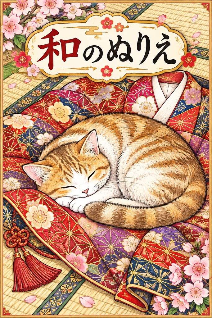 和柄と猫のぬりえ