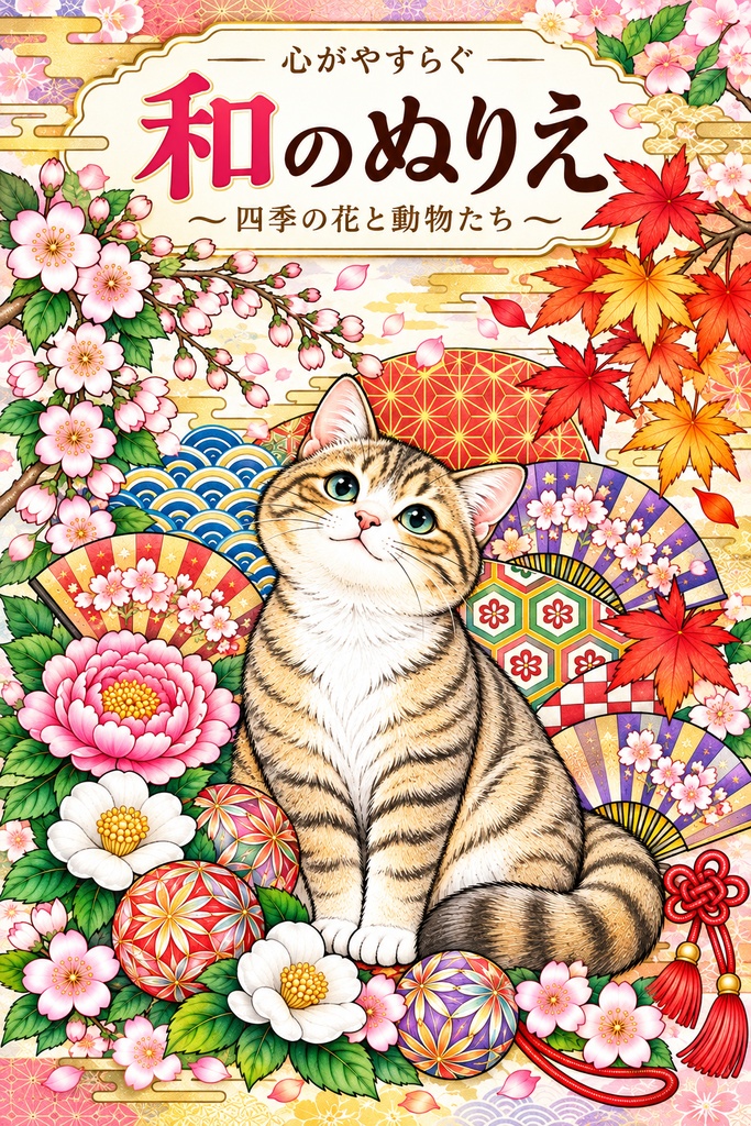 和柄と猫のぬりえ