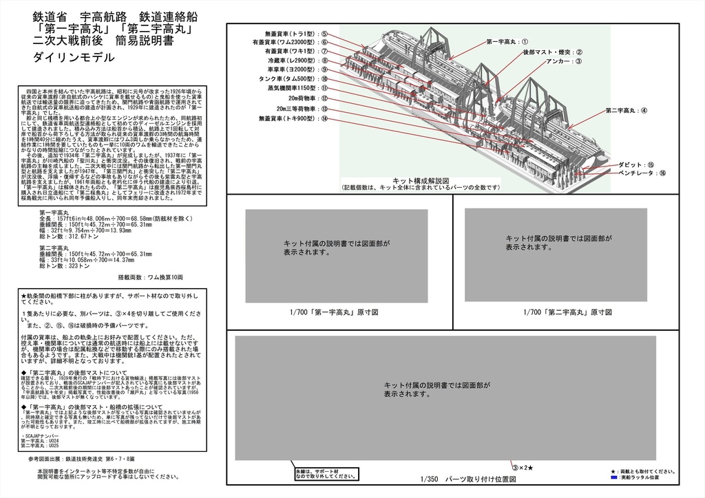 1/700 鉄道省 鉄道連絡船「第一宇高丸型」 2隻 貨車機関車同封