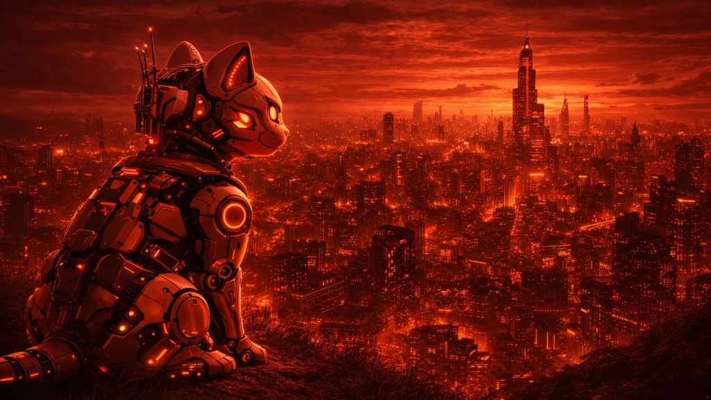 サイバーパンク ロボットキャット 4K壁紙セット（青・赤・緑・黄）