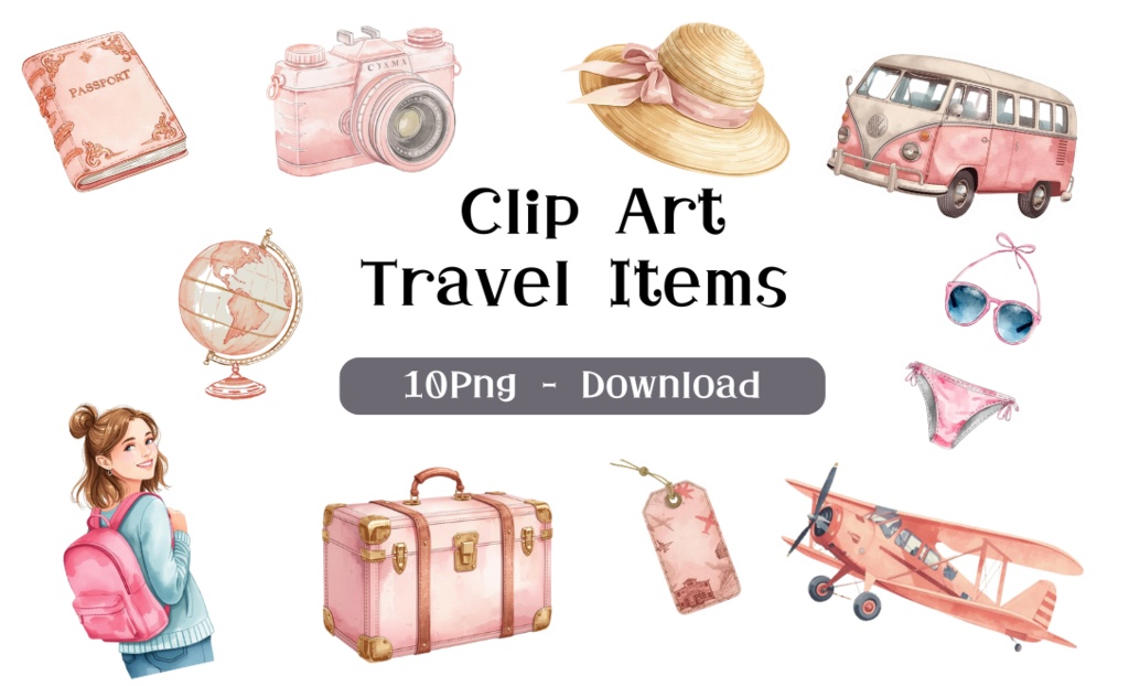 【旅行アイテム】水彩画風ピンクのアンティーク調の旅行アイテムシリーズ(全10種)