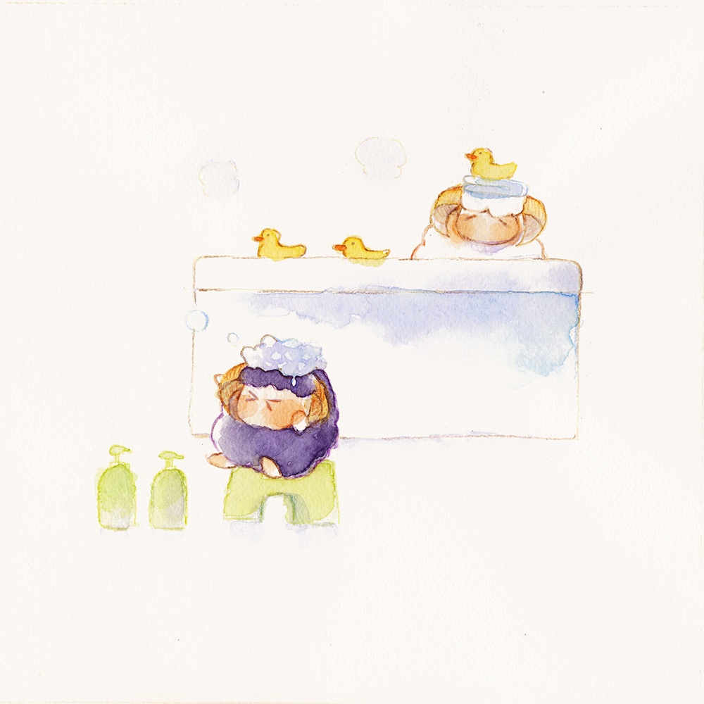 【水彩原画】シャンプーの泡にはご用心