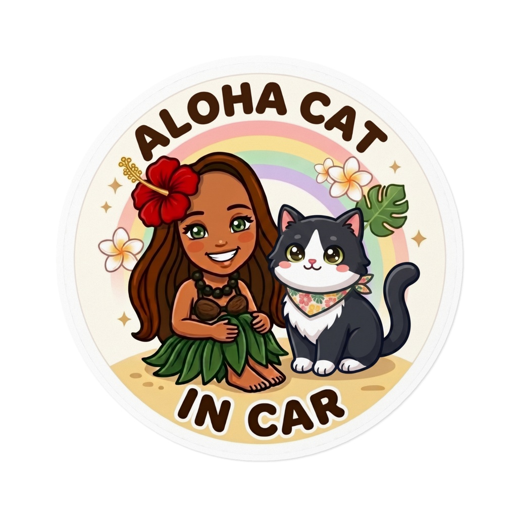 ALOHA CAT IN CAR|ハチワレ|ハワイアン カーステッカー