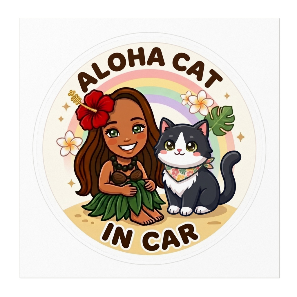 ALOHA CAT IN CAR|ハチワレ|ハワイアン カーステッカー
