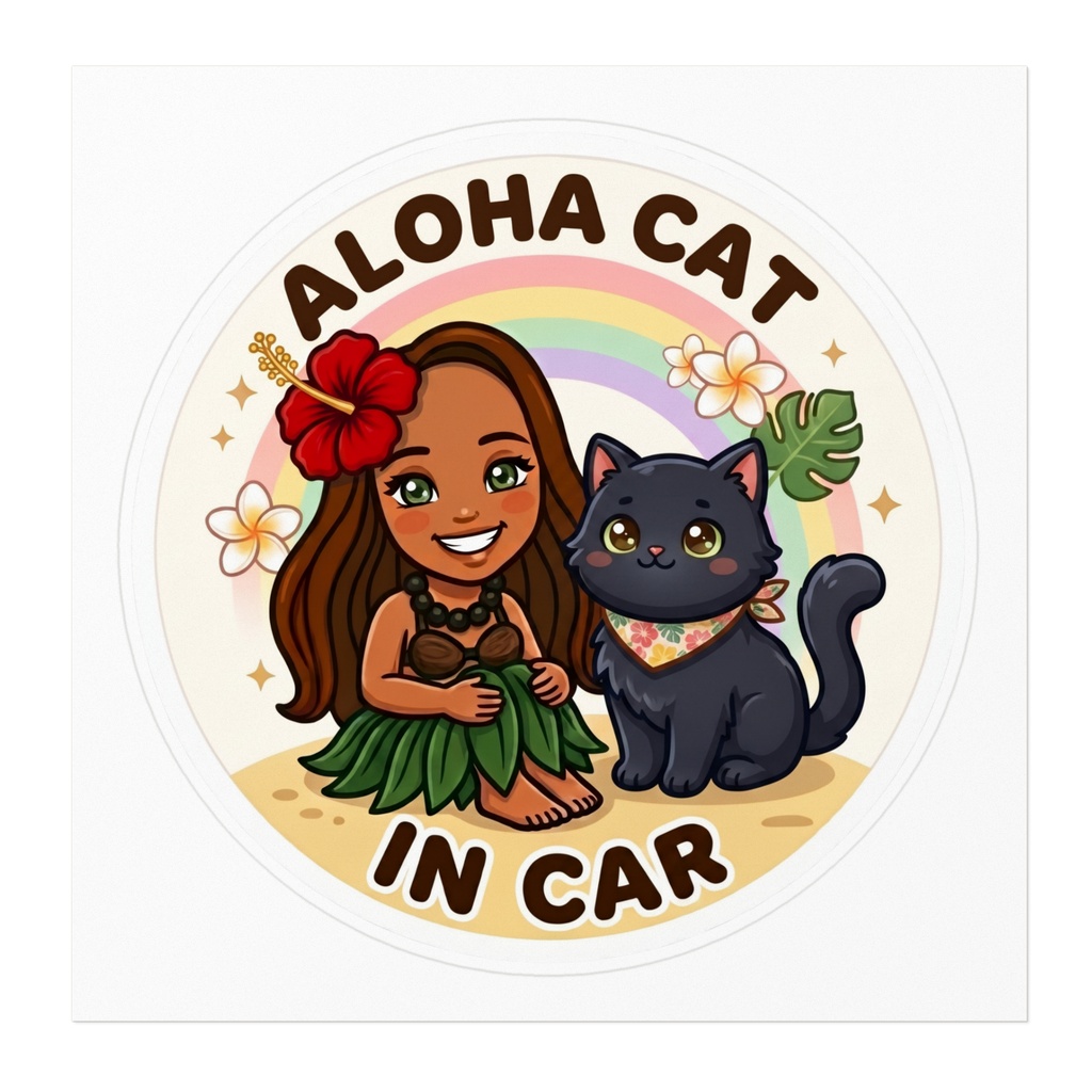 ALOHA CAT IN CAR|黒猫|ハワイアン カーステッカー