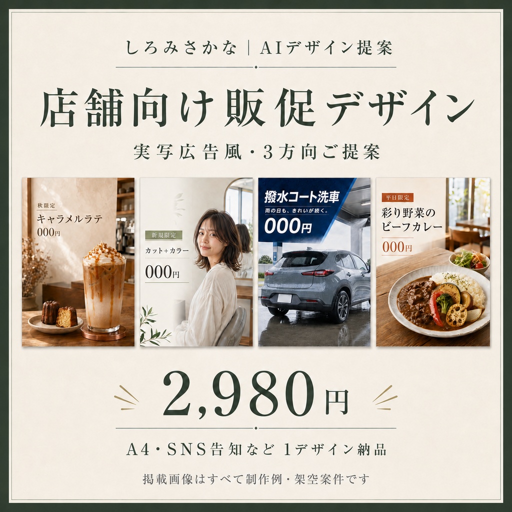 【デザイン制作・お試し価格】販促画像を5案ご提案｜店舗POP・SNS画像｜生成AI使用