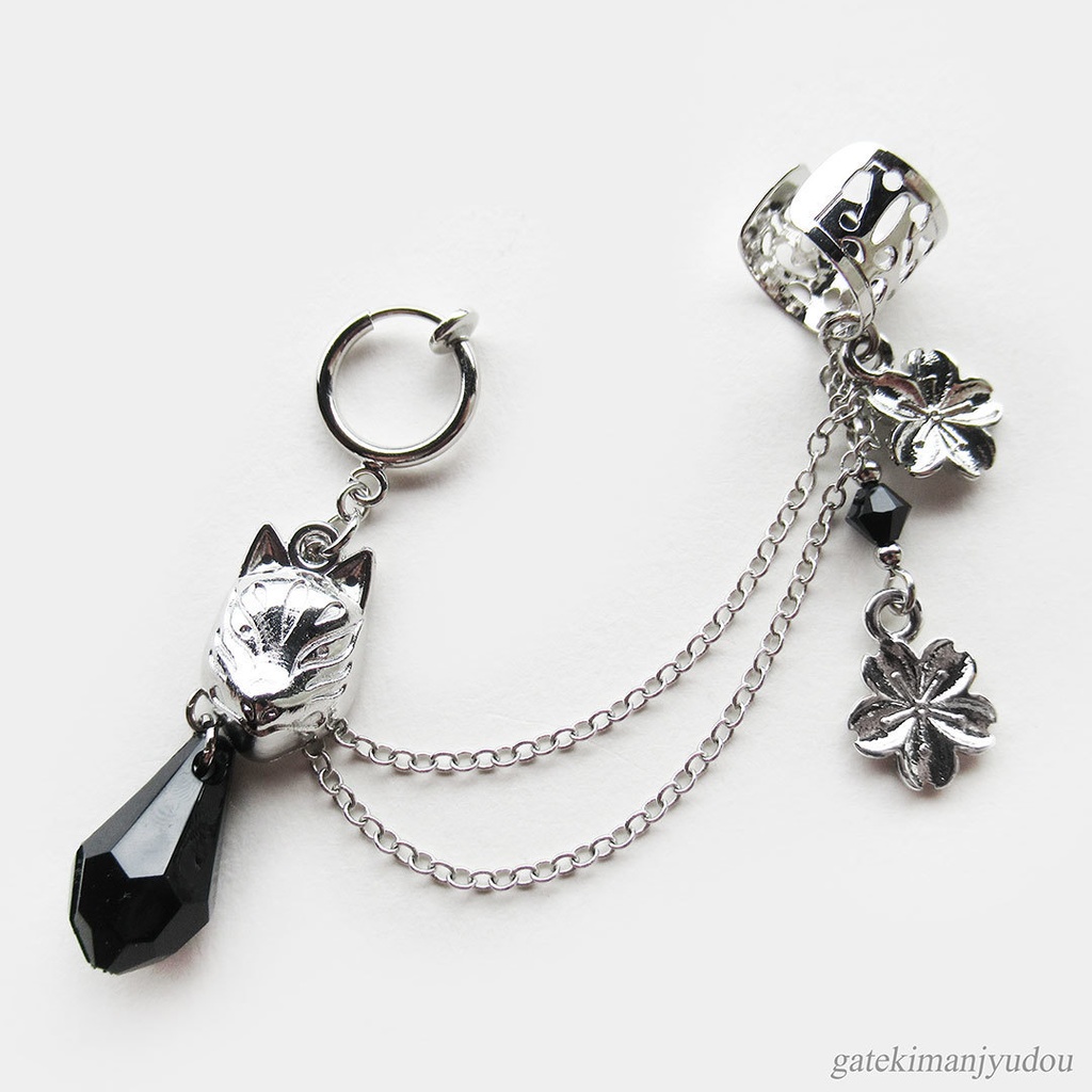 狐面×黒フープイヤリング&イヤーカフス