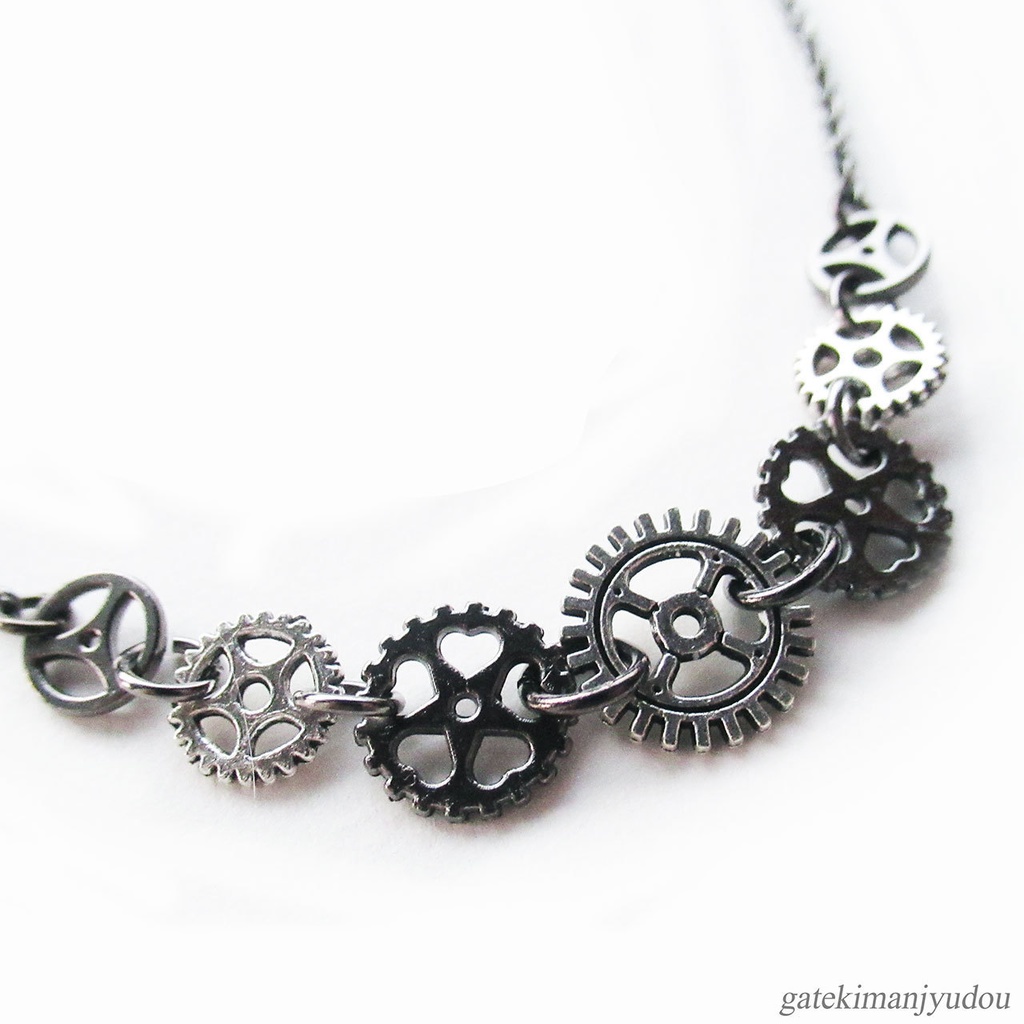 歯車のブレスレット/銀×黒【長さ変更可】