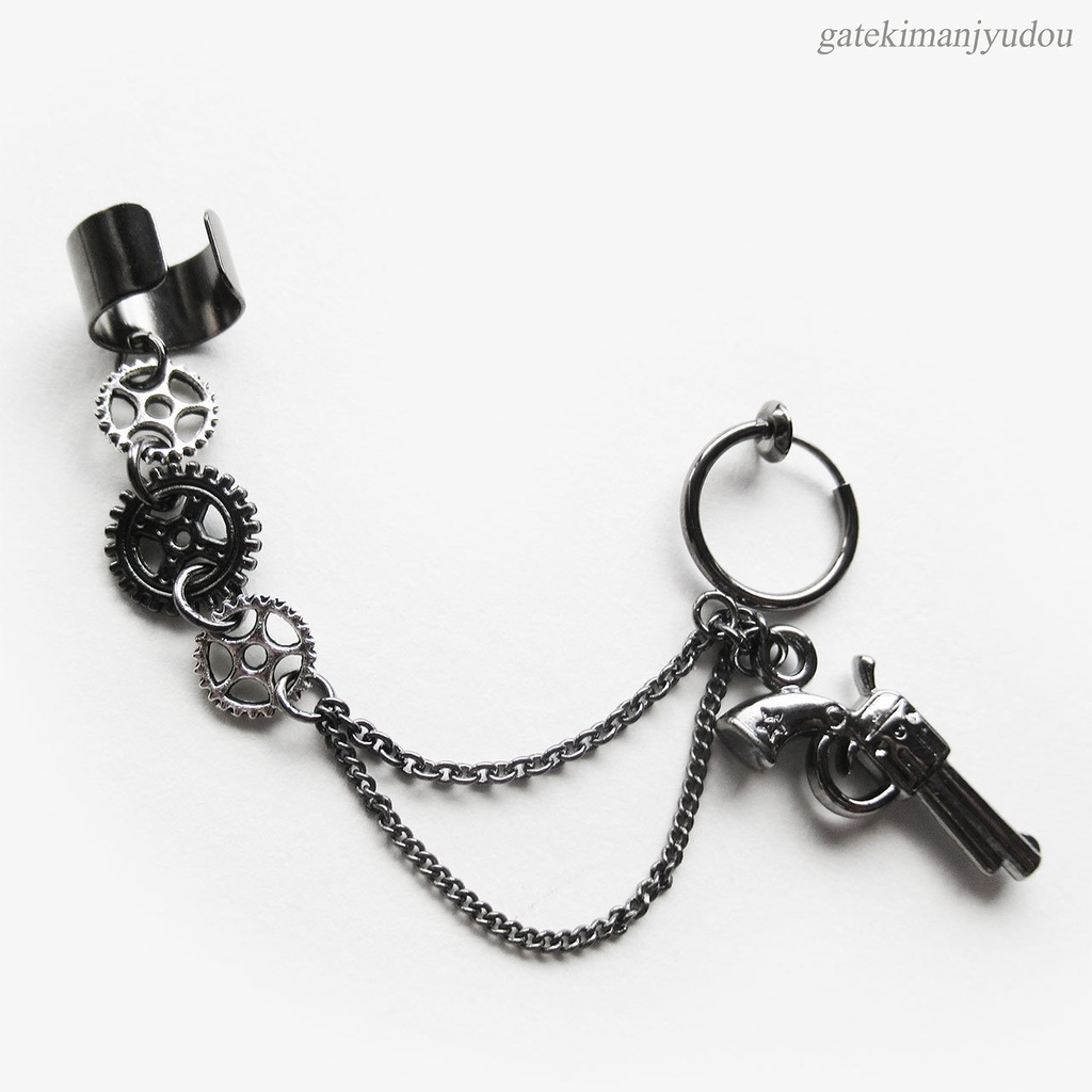 銃と歯車のフープイヤリング&イヤーカフ【ピアス等パーツ変更可】