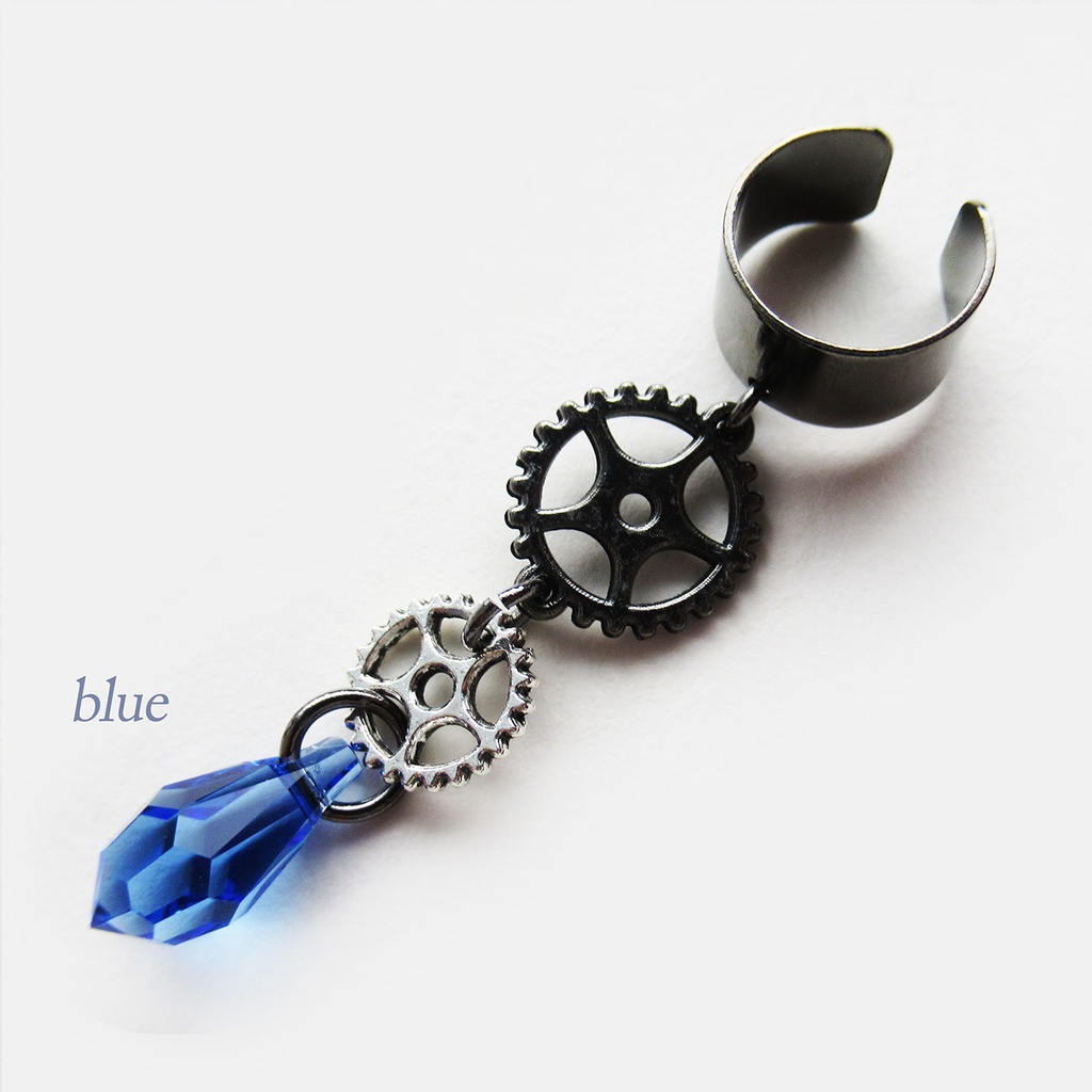 歯車とスワロフスキーのイヤーカフ/青or赤