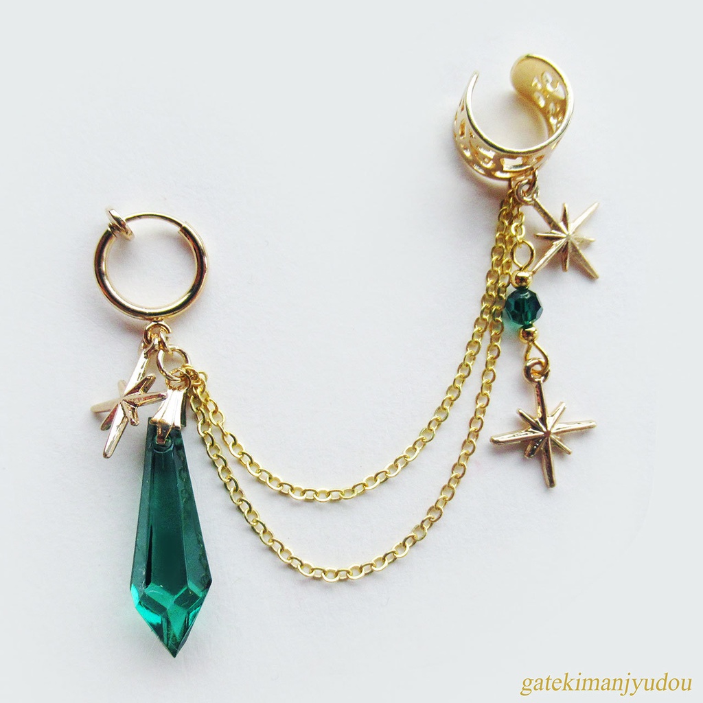 星と雫☆フープイヤリング&イヤーカフ/グリーン【ピアス等パーツ変更可】