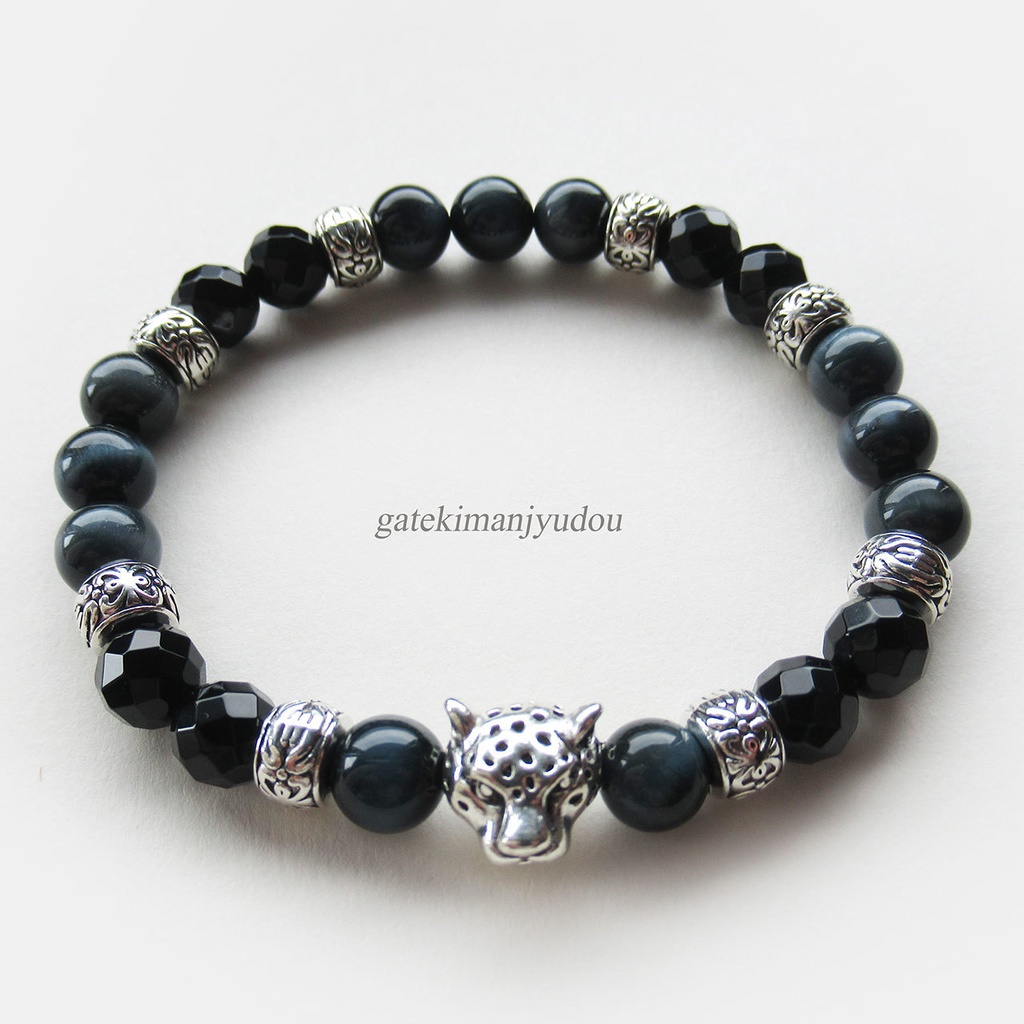 〈ユニセックス・メンズ〉豹×ブルータイガーアイブレスレット【サイズ変更可】