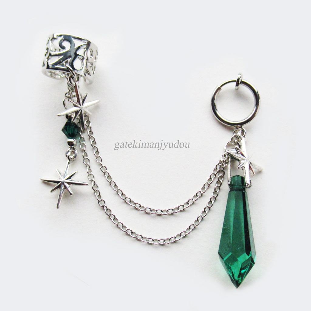 星と雫☆フープイヤリング&イヤーカフ/グリーン【ピアス等パーツ変更可】