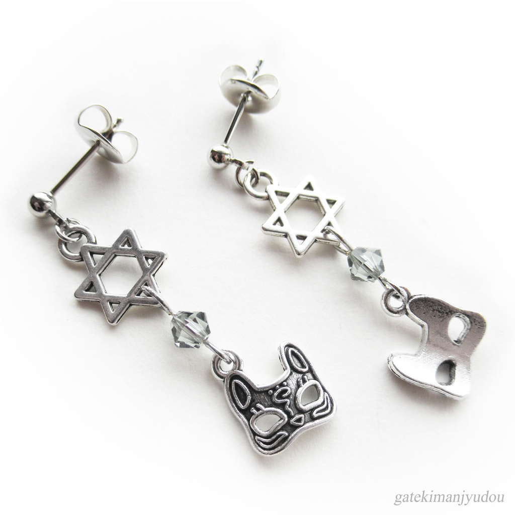 〈ビーズの色が選べる〉六芒星と狐面のピアス【イヤリング等変更可】